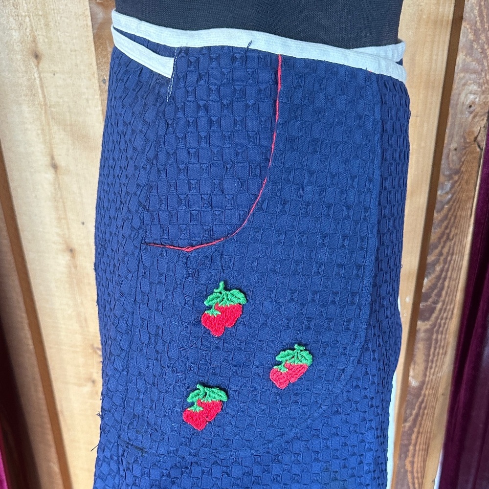 Vintage 1950s or 1960s Blue wrap apron with pocket and strawberry appliqués